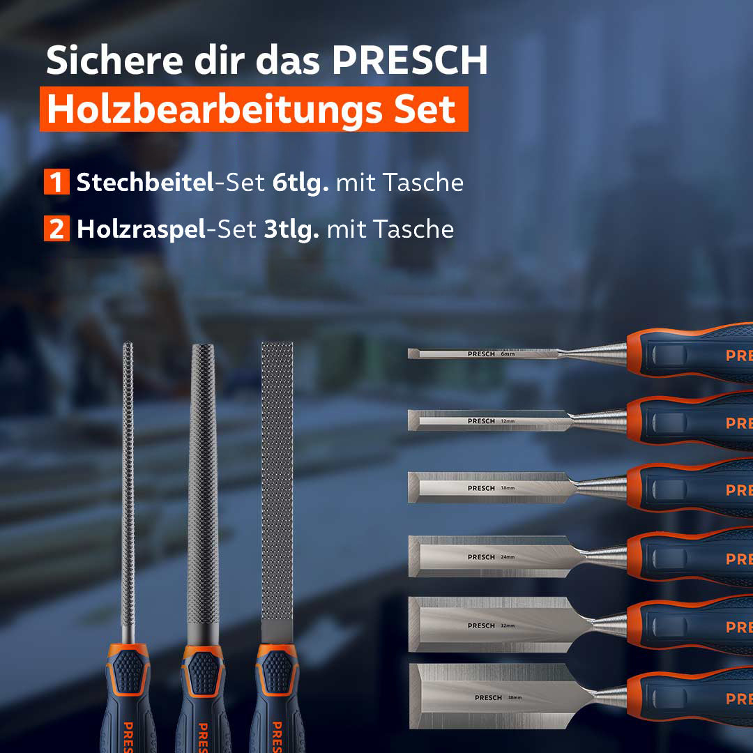 Das Sparset umfasst ein 6-teiliges Stechbeitel-Set und ein 3-teiliges Holzraspel-Set mit Taschen.