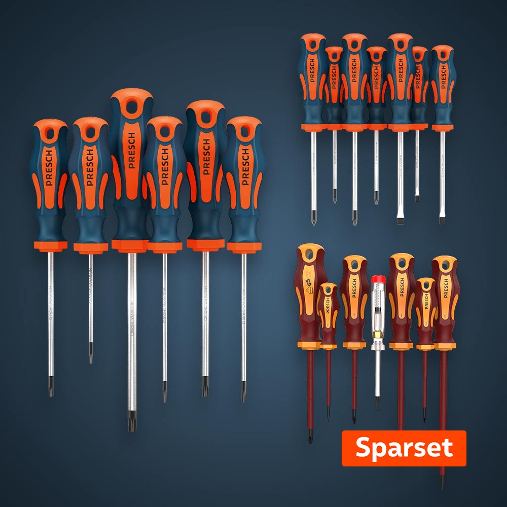 PRESCH Schraubendreher Sparset: drei Schraubendreher-Sets in Standard-, TX- und VDE-Ausführung.