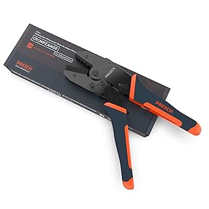 PRESCH Crimpzange mit orangen Griffen für präzise Kabelarbeiten und Aderendhülsen.