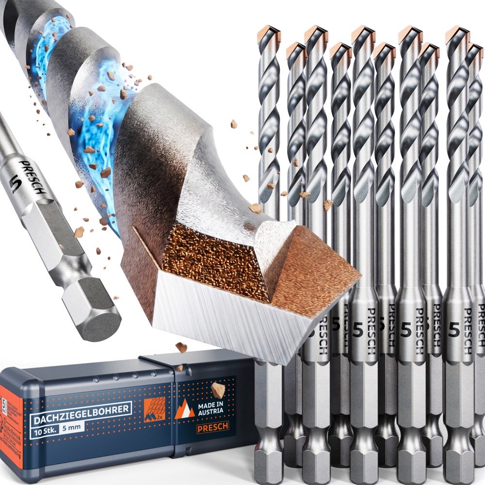 Zehn PRESCH Dachziegelbohrer mit 5mm Durchmesser, kupferfarbener Hartmetallspitze und Sechskantschaft, daneben die dazugehörige Aufbewahrungsbox