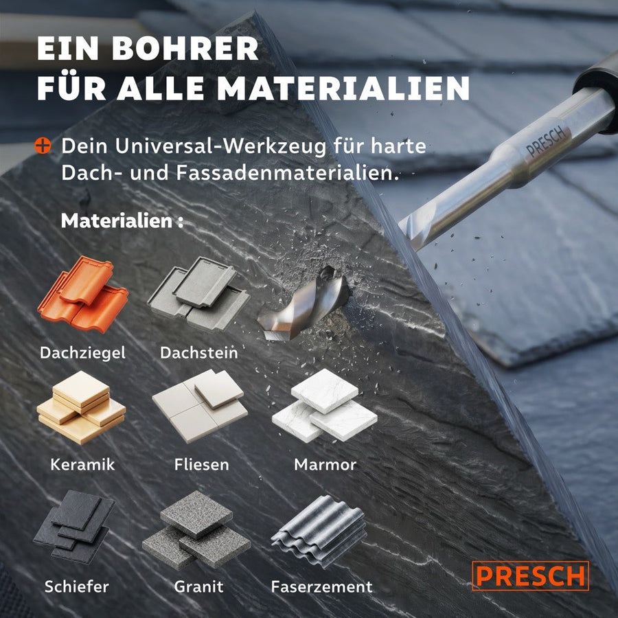 Foreuse à tuiles perce une ardoise, avec des échantillons de matériaux de tuiles, de tuiles en béton, de céramique, de carreaux, de marbre, d'ardoise, de granit et de fibrociment en dessous