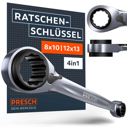 PRESCH 4 in 1 Doppel-Ratschenringschlüssel, der die Größen 8, 10, 12 & 13mm in einem Werkzeug vereint. Das Bild zeigt zwei umschaltbare Ratschenköpfe an einem Schlüsselkörper, die durch ihre Doppel-Größen-Konstruktion maximale Effizienz bieten.