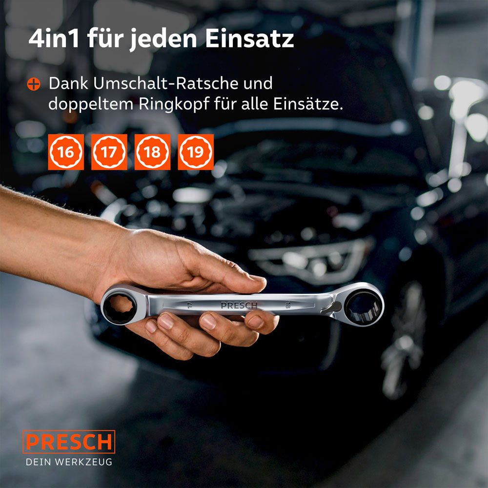 Der PRESCH 4-in-1 Ratschenschlüssel wird handlich in einer Werkstattumgebung präsentiert, wobei die integrierten Größen 16, 17, 18 und 19mm grafisch hervorgehoben sind, um die universelle Einsetzbarkeit zu verdeutlichen.