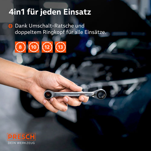 Infografik der verfügbaren 4 in 1 Kombinationen: Ein Modell deckt 8mm & 10mm sowie 12mm & 13mm ab. Ideal, um die Anzahl der Werkzeuge im Koffer zu reduzieren.