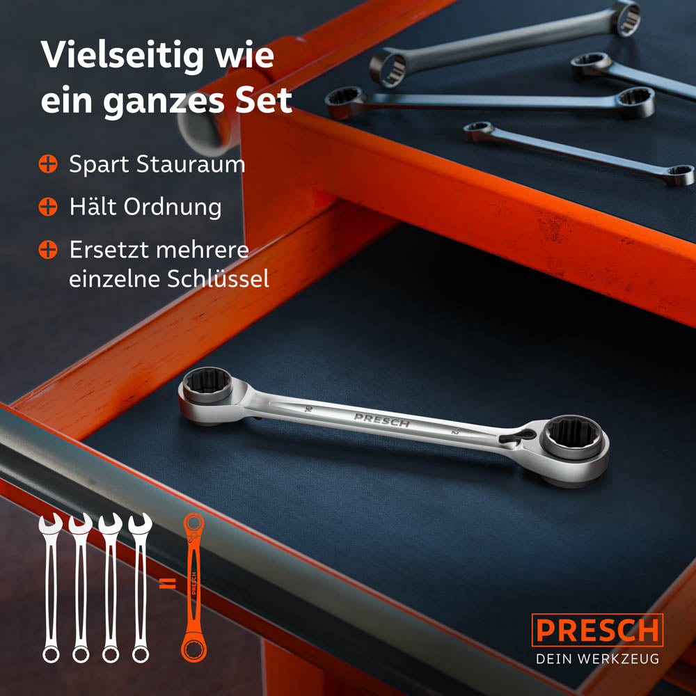Une comparaison visuelle dans un tiroir à outils montre la clé PRESCH 4‑en‑1 face à quatre clés à anneau distinctes, afin de démontrer l’énorme gain d’espace et la meilleure organisation dans le chariot à outils.