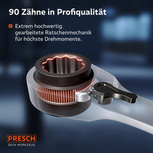 Een gedetailleerde doorsnede van de ratelkop toont de precieze mechaniek met 90 tanden, die speciaal is ontworpen voor de overdracht van hoge momenten en een extreem fijne werkwijze.