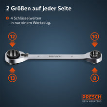 Een schematische weerg van het gereedschap legt de 4‑in‑1 functie uit: Elke kant van de dubbele ratel sleutel bevat twee verschillende maten (17/19 mm en 10/13 mm) door overlappende ringprofielen.