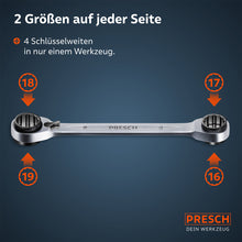 Eine schematische Darstellung des Werkzeugs erklärt die 4-in-1 Funktion: Jede Seite des Doppel-Ratschenschlüssels beherbergt zwei verschiedene Größen (18/19mm und 17/16mm) durch übereinanderliegende Ringprofile.