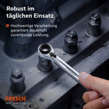 De PRESCH ringsleutel in intensief werkkamergebruik op een massieve machinebevestiging, wat de duurzame betrouwbaarheid en robuustheid van het materiaal onder echte omstandigheden benadrukt.