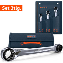 Het PRESCH 4-in-1 Dubbele Ratchet Sleutelset bestaat uit drie gereedschappen die samen 12 sleutelgroottes dekken, geleverd met een hoogwaardige textielroltas voor veilige opslag.