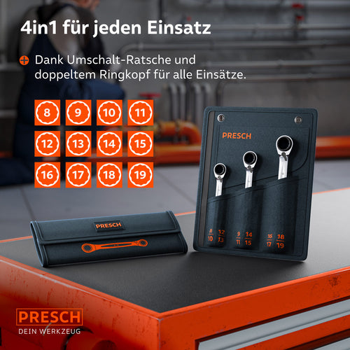 Das 3-teilige PRESCH Ratschenschlüssel-Set wird in einer Werkstattumgebung auf einer Werkbank präsentiert, wobei alle 12 verfügbaren Größen von 8 bis 19mm grafisch hervorgehoben sind.