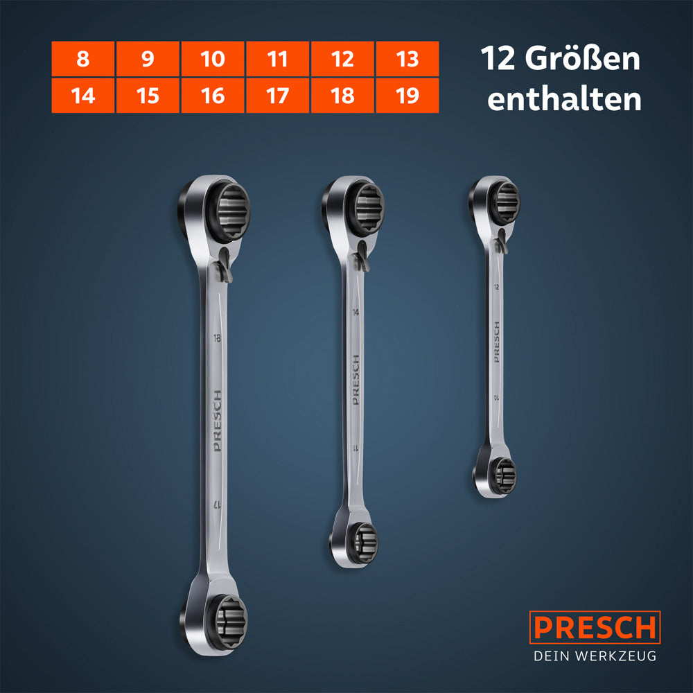 Eine übersichtliche Darstellung der drei Doppel-Ratschenschlüssel im Set, die durch das 4-in-1 Prinzip lückenlos alle metrischen Standardgrößen von 8mm bis 19mm abdecken.