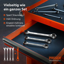 Een visuele vergelijking in een gereedschapslade toont hoe het 3-delige PRESCH‑set een volledige bundel conventionele enkele sleutels vervangt en zo zorgt voor maximale orde en ruimtebesparing.