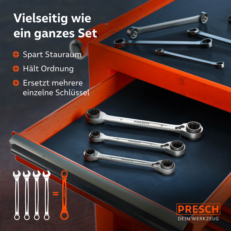 Een visuele vergelijking in een gereedschapslade toont hoe het 3-delige PRESCH‑set een volledige bundel conventionele enkele sleutels vervangt en zo zorgt voor maximale orde en ruimtebesparing.