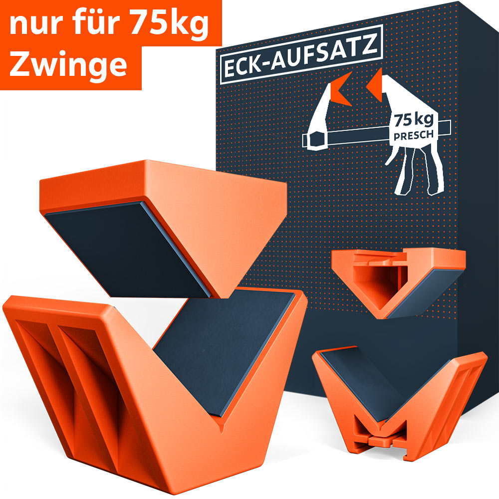 PRESCH Eck-Aufsatz Set für 75kg Einhandzwingen. Abgebildet sind zwei robuste, orangefarbene Winkel-Aufsätze mit schwarzen Gummiauflagen vor der Produktverpackung. Ideal zum Spannen von 90°-Verbindungen.