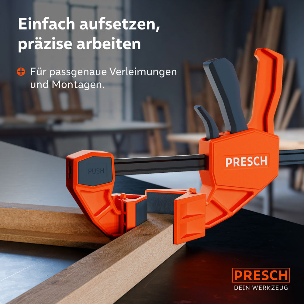 Detailansicht einer Eck-Verleimung: Die Aufsätze umschließen die Werkstücke bündig und sorgen für eine gleichmäßige Druckverteilung in der Ecke, was passgenaue Montagen ermöglicht.