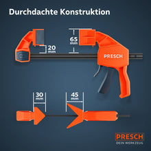 Infografiek van de afmetingen: De voorste opzet is 30 mm breed, de achterste 45 mm. De klem behoudt zijn standaard uitslag van 65 mm bij een afstand van 20 mm tot de rail.