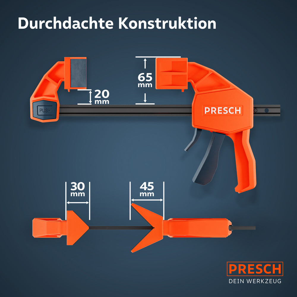Infografik der Abmessungen: Der vordere Aufsatz ist 30mm breit, der hintere 45mm. Die Zwinge behält ihre Standard-Ausladung von 65mm bei einem Abstand von 20mm zur Schiene bei.