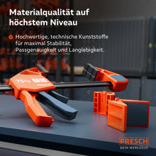Close-up van de opzetstukken naast een eenhandige klem: Gemaakt van hoogwaardige technische kunststoffen voor maximale stabiliteit, duurzaamheid en nauwkeurige passing.
