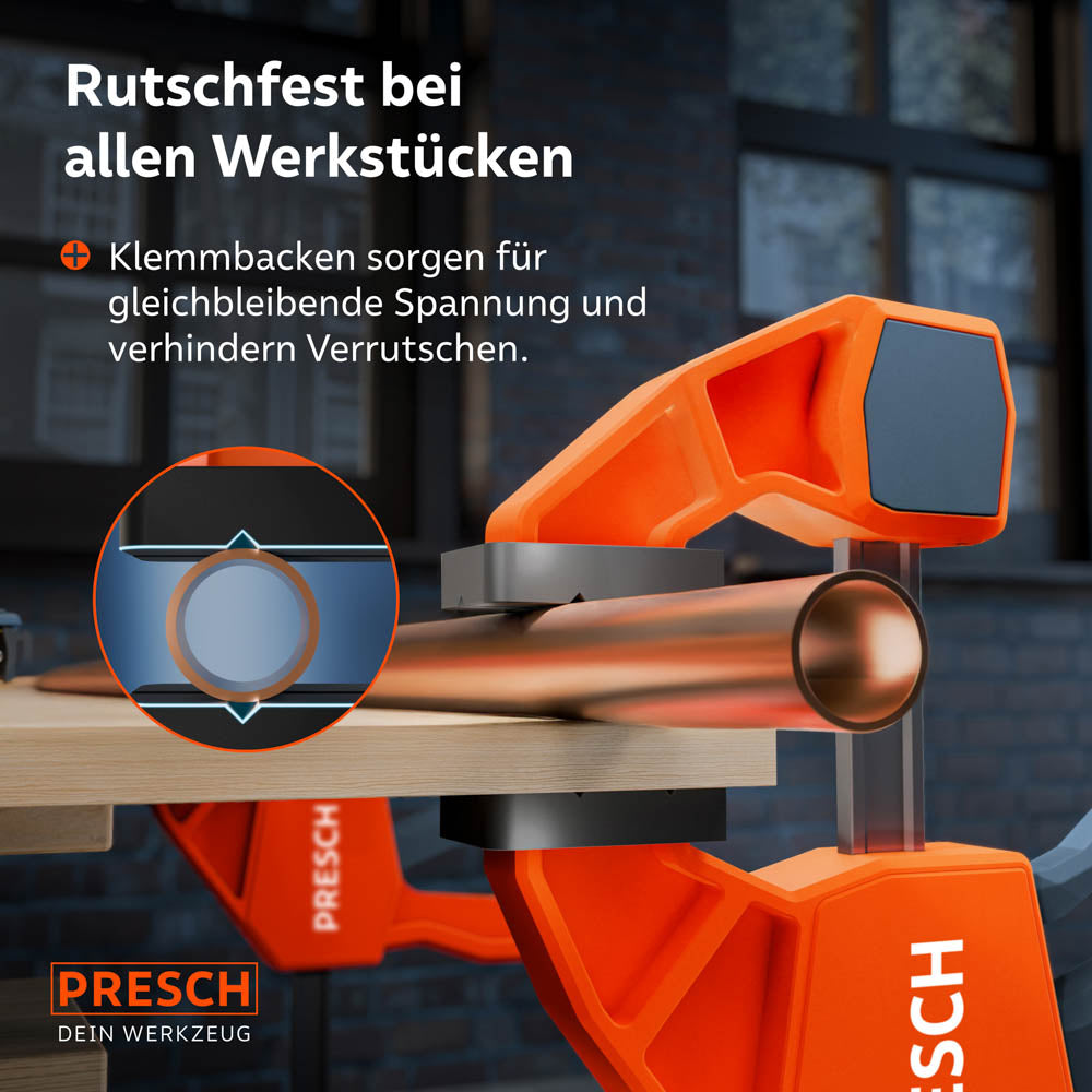 PRESCH Einhandzwinge 300mm fixiert Holzbalken – 150kg Spannkraft