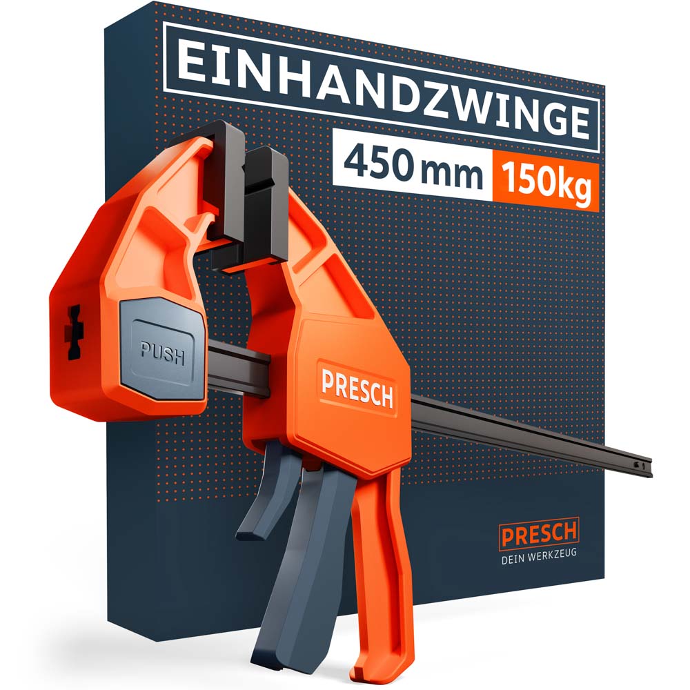 PRESCH Einhandzwinge 450mm mit einer Klemmkraft von 150kg. Professionelle Schnellspannzwinge in Orange und Schwarz vor der Produktverpackung, ideal für Schreinerei und Innenausbau.