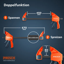 Infografik der Maße und Funktionen: Gezeigt wird die 450mm Zwinge im Spannmodus (450mm Spannweite) und im Spreizmodus (bis 670mm), mit einer tiefen Ausladung der Klemmbacken von 80mm.