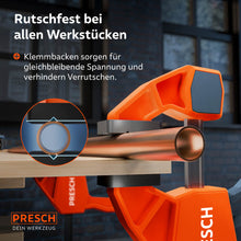 Sicherer Halt für Rundmaterial: Die Klemmbacken sind mit einer V-Nut ausgestattet, die Rohre oder Rundhölzer stabil in Position hält und ein Verrutschen verhindert.