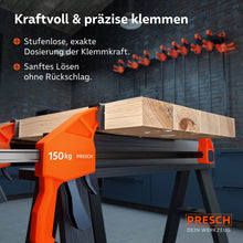 Werkstatt-Einsatz: Eine 150kg Einhandzwinge fixiert mehrere massive Holzbalken gleichzeitig; der ergonomische Griff erlaubt eine stufenlose und punktgenaue Dosierung der Klemmkraft.