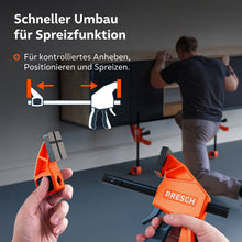Einfache Handhabung: Demonstration des werkzeuglosen Umbaus; der feste Arm wird per Knopfdruck gelöst und am Schienenende für die Spreizfunktion wieder aufgesteckt.
