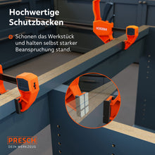 Werkstückschutz im Detail: Nahaufnahme der weichen Kunststoff-Schutzkappen, die empfindliche Oberflächen selbst bei vollem Spanndruck von 150kg vor Abdrücken und Beschädigungen bewahren.