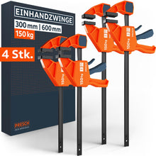 PRESCH Eenhandklemmen set bestaande uit twee 300mm en twee 600mm klemmen met elk 150kg klemkracht. De professionele oranje‑zwarte snelklemmen zijn afgebeeld op de productverpakking.
