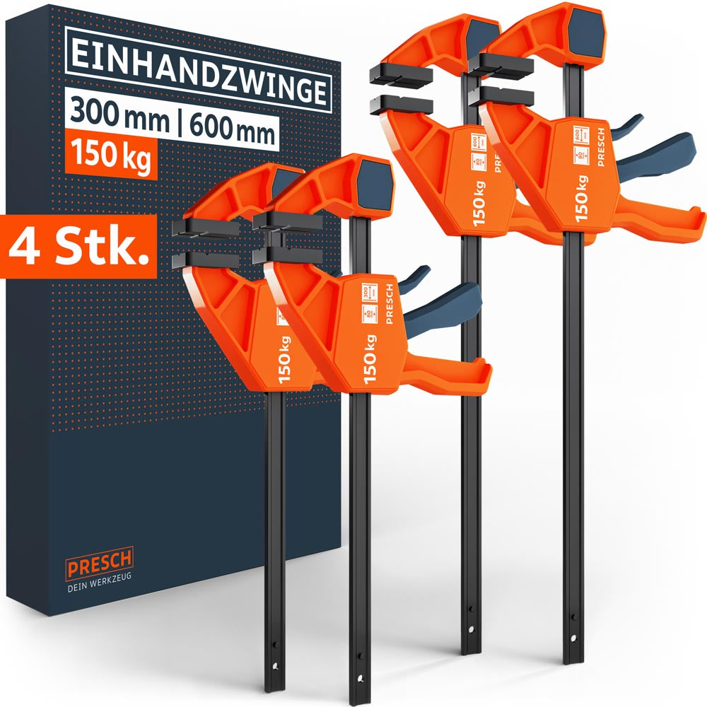 PRESCH Einhandzwingen Set bestehend aus zwei 300mm und zwei 600mm Zwingen mit je 150kg Klemmkraft. Die professionellen orange-schwarzen Schnellspannzwingen sind vor der Produktverpackung abgebildet.
