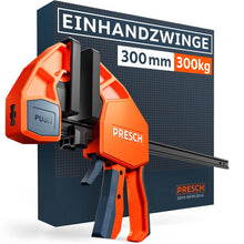 PRESCH Eenhandklem 300mm met een massieve klemkracht van 300kg. Robuuste Heavy-Duty snelspanklem in oranje en donkerblauw op de productverpakking, ideaal voor veeleisende bouw- en werkplaatsprojecten.