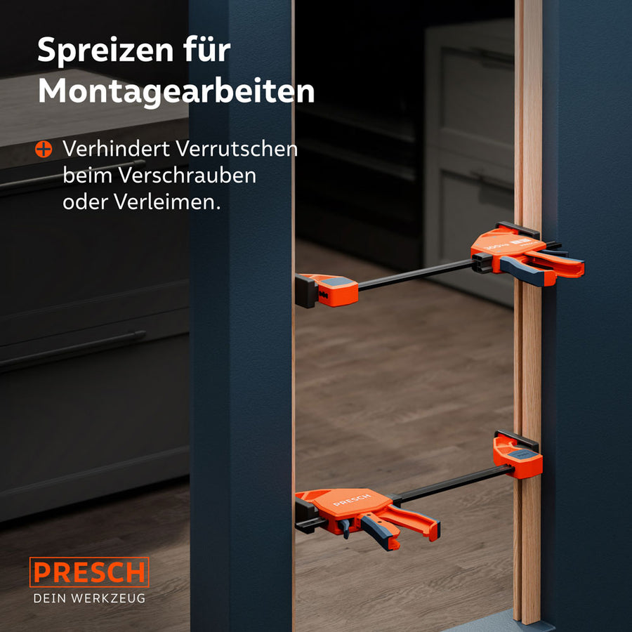 Toepassing in het interieur: twee heavy-duty klemmen worden in spreidingsmodus gebruikt om een deurkozijn tijdens de installatie stevig tegen de wand te duwen.