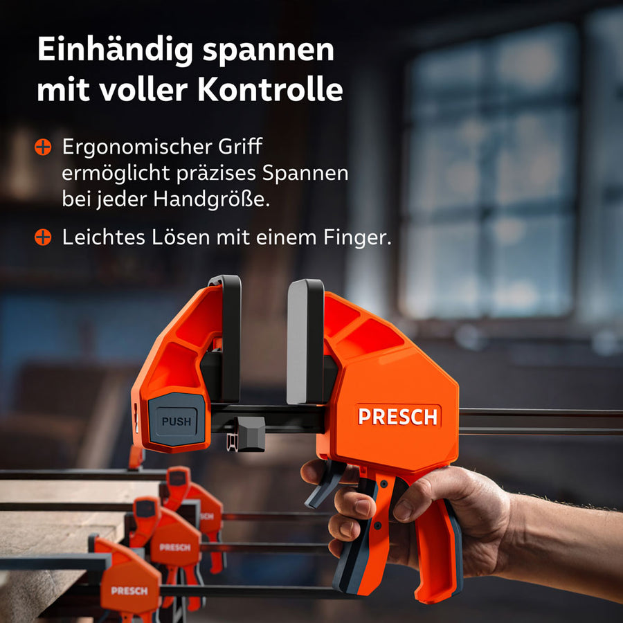 Close-up van de krachtige eenhandbediening: De ergonomische grip van de 300 kg‑serie maakt maximale krachtoverbrenging mogelijk bij elke handgrootte. Het losmaken van de extreme spanning gebeurt veilig en gecontroleerd met slechts één vinger via de ontgrendelingshendel.