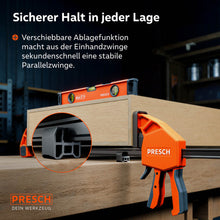 Innovatief ontwerp: De verschuifbare legfunctie aan het einde van de rail maakt het horizontaal plaatsen van de klem op de werkbank mogelijk, waardoor deze binnen enkele seconden een stabiele parallelle klem wordt.
