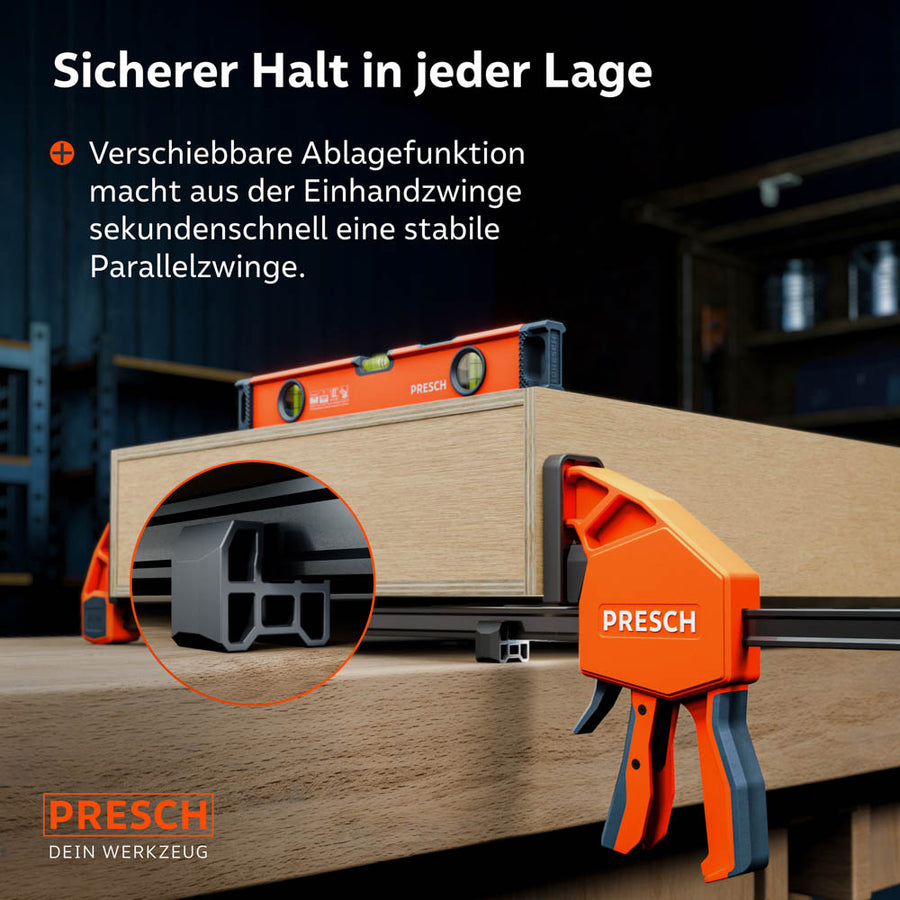 Innovatief ontwerp: De verschuifbare legfunctie aan het einde van de rail maakt het horizontaal plaatsen van de klem op de werkbank mogelijk, waardoor deze binnen enkele seconden een stabiele parallelle klem wordt.