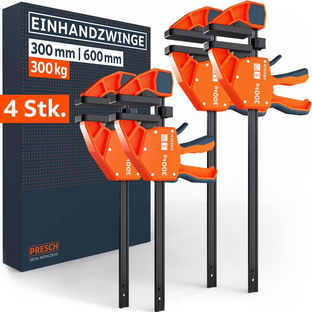 PRESCH Heavy-Duty Einhandzwingen Set bestehend aus zwei 300mm und zwei 600mm Zwingen mit massiver 300kg Klemmkraft. Die professionellen orange-schwarzen Schnellspannzwingen sind vor der Produktverpackung abgebildet.