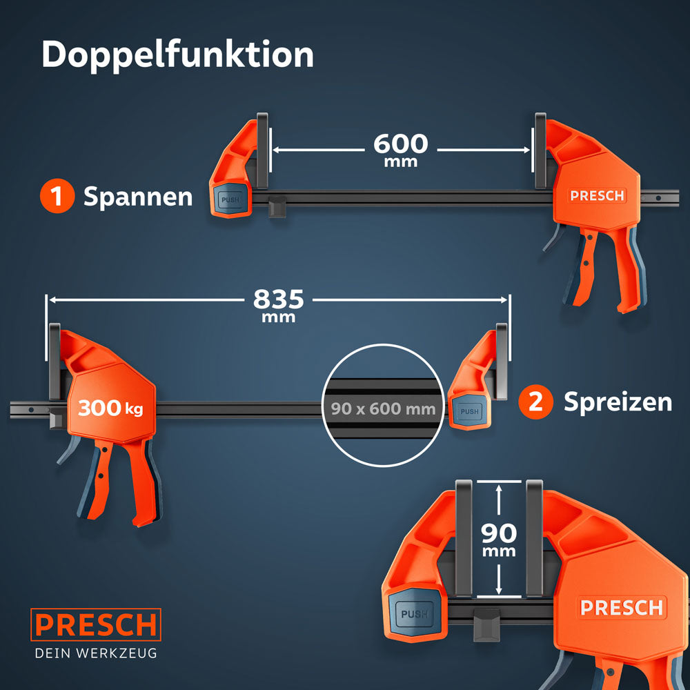 Infografik der 600mm Zwinge: Zeigt die Maße für den Spannmodus (600mm) und den Spreizmodus (835mm) bei einer Ausladung von 90mm.