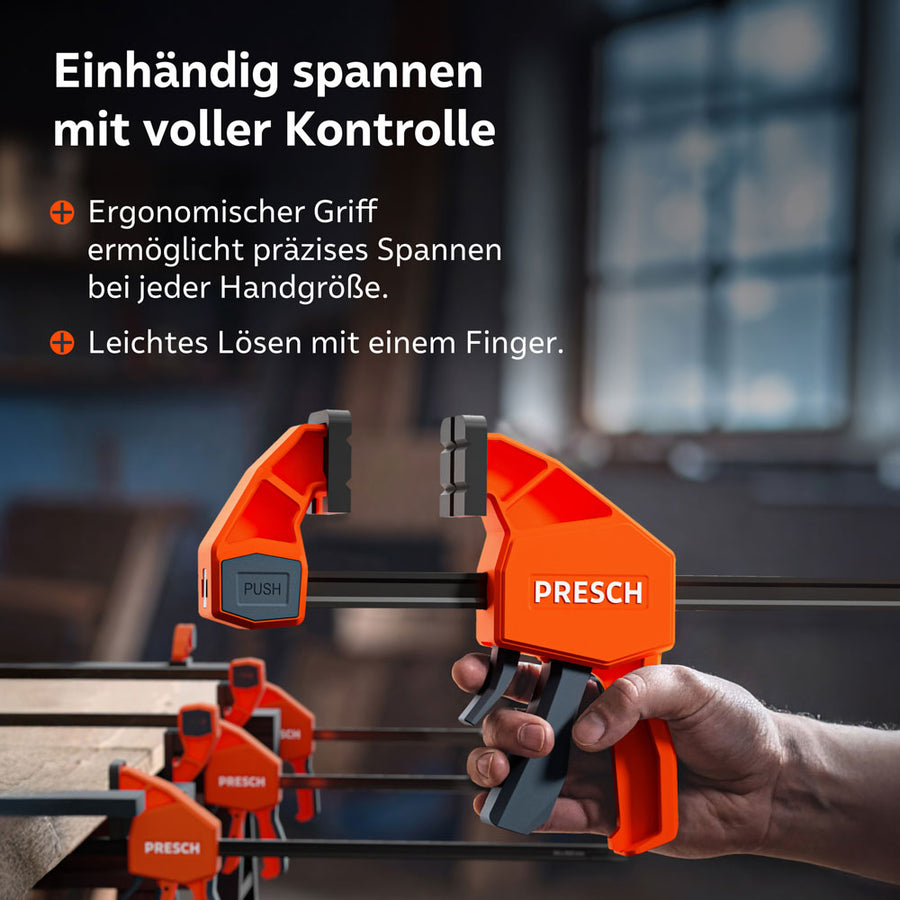 Close-up van het gebruik: De ergonomische grip van de 75 kg klem maakt nauwkeurige spanning mogelijk voor elke handgrootte en een eenvoudige ontgrendeling van de vergrendeling met slechts één vinger.
