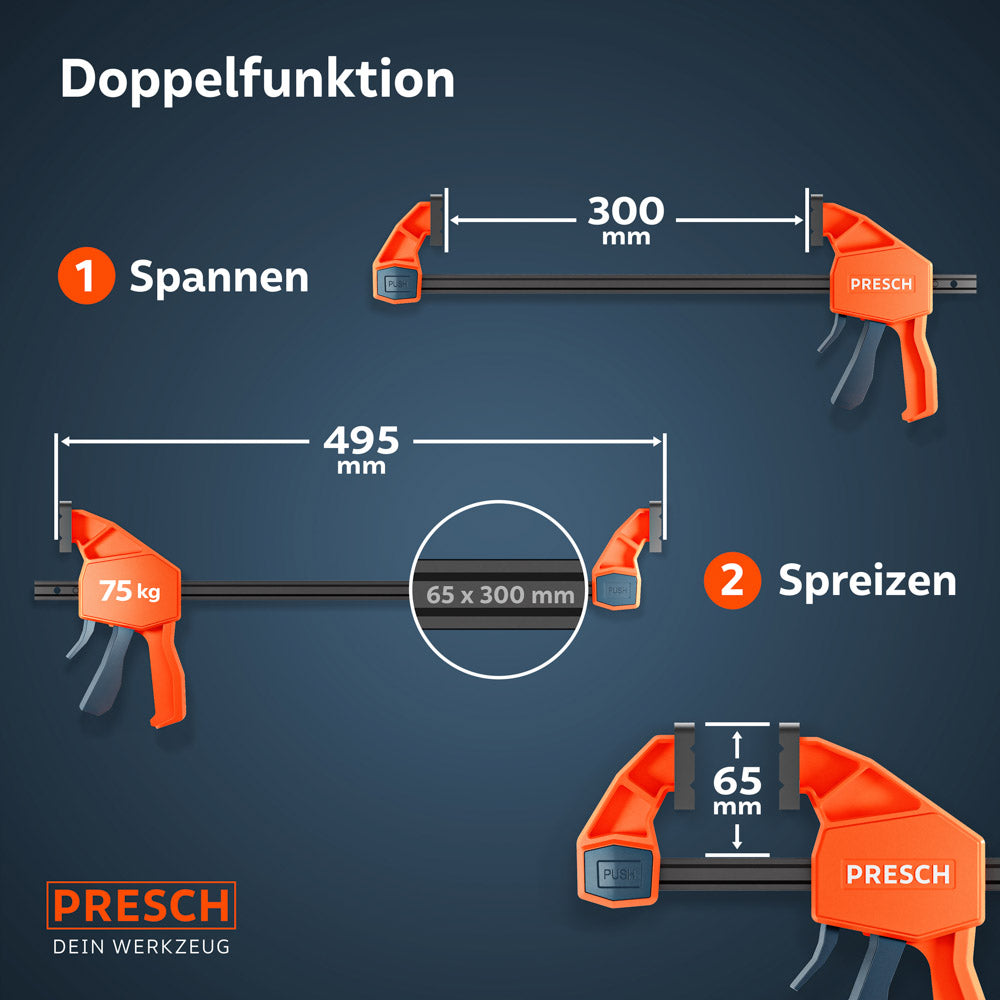 Infografik der Maße und Funktionen: Die 300mm Zwinge im Spannmodus (300mm Spannweite) und Spreizmodus (bis 495mm), mit einer Ausladung der Klemmbacken von 65mm.