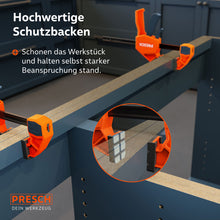 Bescherming voor oppervlakken: Close-up van de zachte kunststof beschermingsflensen die gevoelig hout bij het klemmen beschermen tegen krassen en afdrukken.
