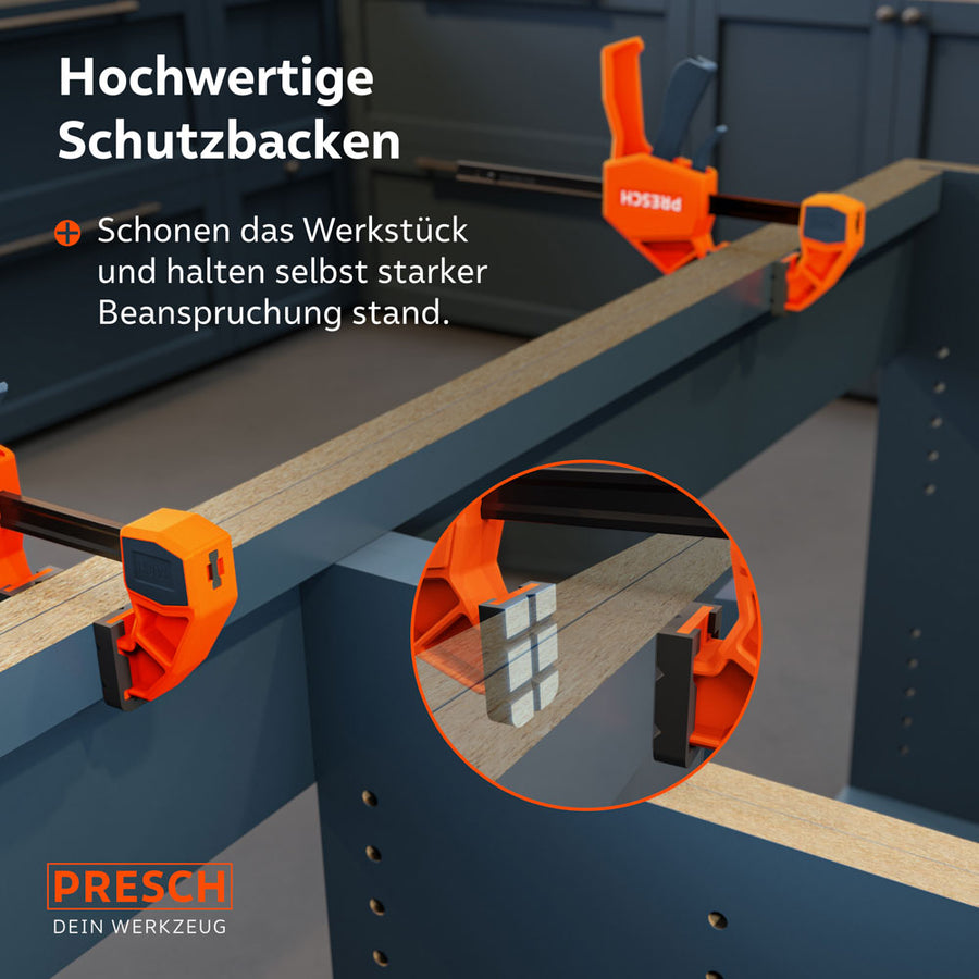 Bescherming voor oppervlakken: Close-up van de zachte kunststof beschermingsflensen die gevoelig hout bij het klemmen beschermen tegen krassen en afdrukken.