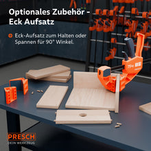 Optionele accessoires voor de 75kg-serie: Een speciaal hoekopzetstuk maakt het mogelijk om werkstukken stabiel te fixeren en spannen onder een exacte 90° hoek, ideaal voor framebouw.
