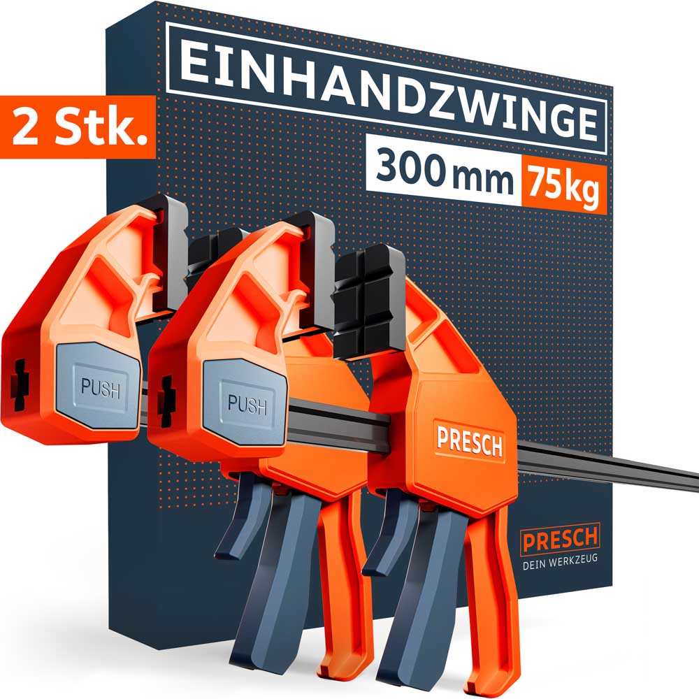 PRESCH Einhandzwinge 300mm mit 75kg Klemmkraft im 2er Set. Robuste orange-schwarze Schnellspannzwinge für Einhandbedienung, abgebildet vor der Produktverpackung.