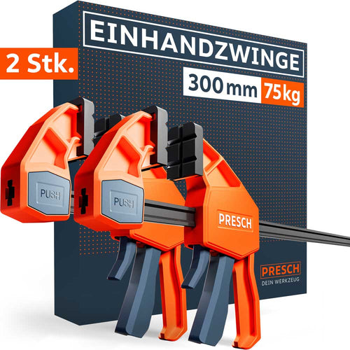 PRESCH Einhandzwinge 300mm mit 75kg Klemmkraft im 2er Set. Robuste orange-schwarze Schnellspannzwinge für Einhandbedienung, abgebildet vor der Produktverpackung.