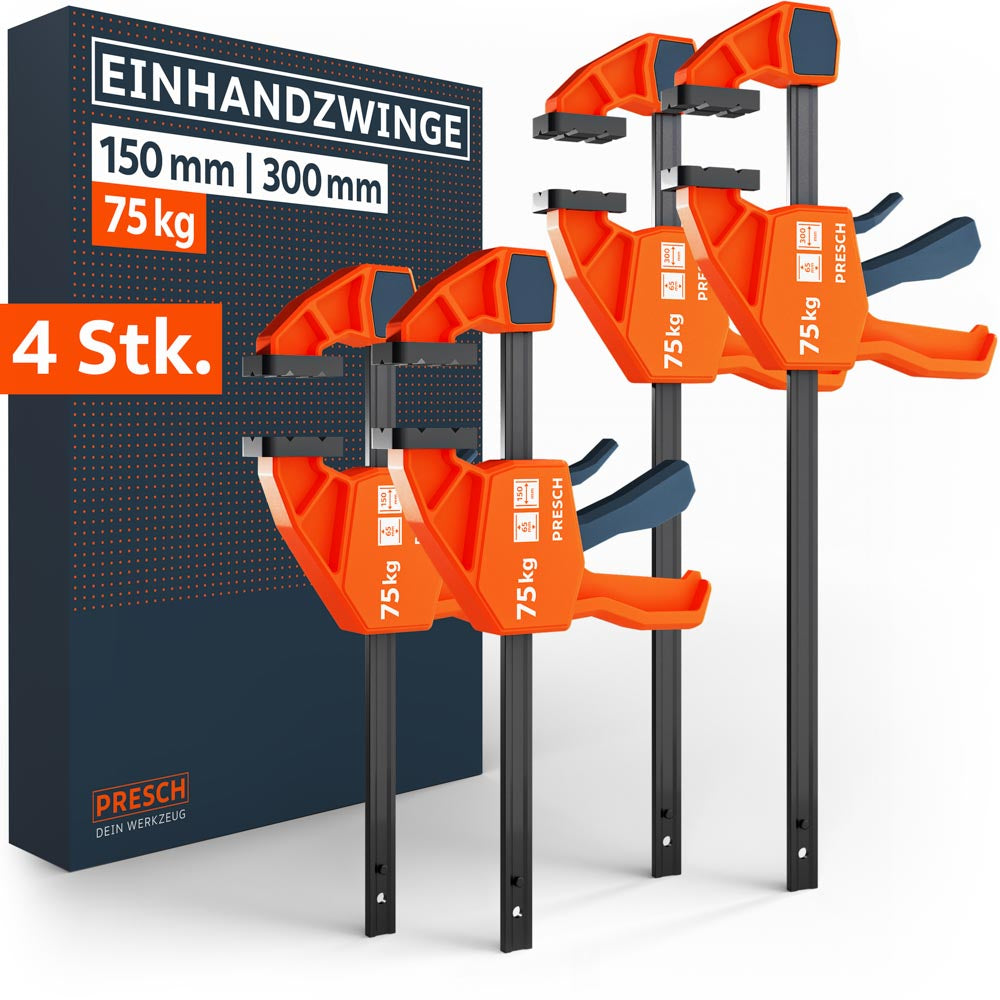 PRESCH Einhandzwingen Set bestehend aus zwei 150mm und zwei 300mm Zwingen mit je 75kg Klemmkraft. Die orange-schwarzen Schnellspannzwingen sind vor der Produktverpackung abgebildet.