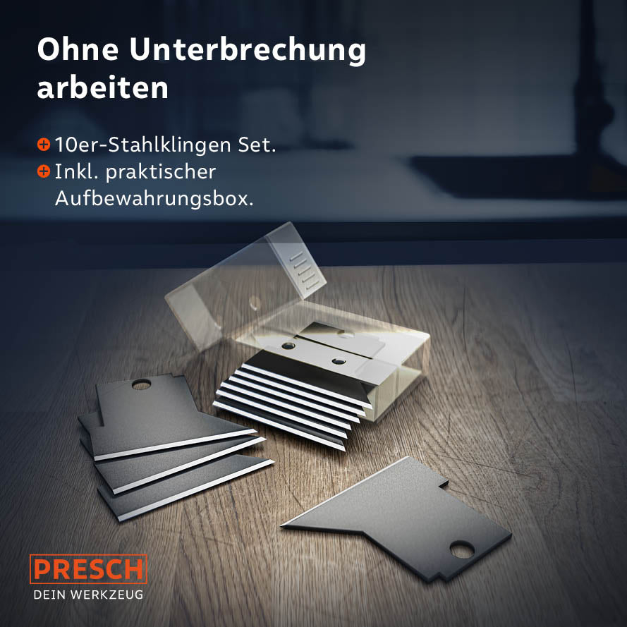 Geöffnete Aufbewahrungsbox mit 10 scharfen Stahlklingen für den PRESCH Fugenentferner – ermöglicht unterbrechungsfreies Arbeiten bei Renovierungsprojekten.