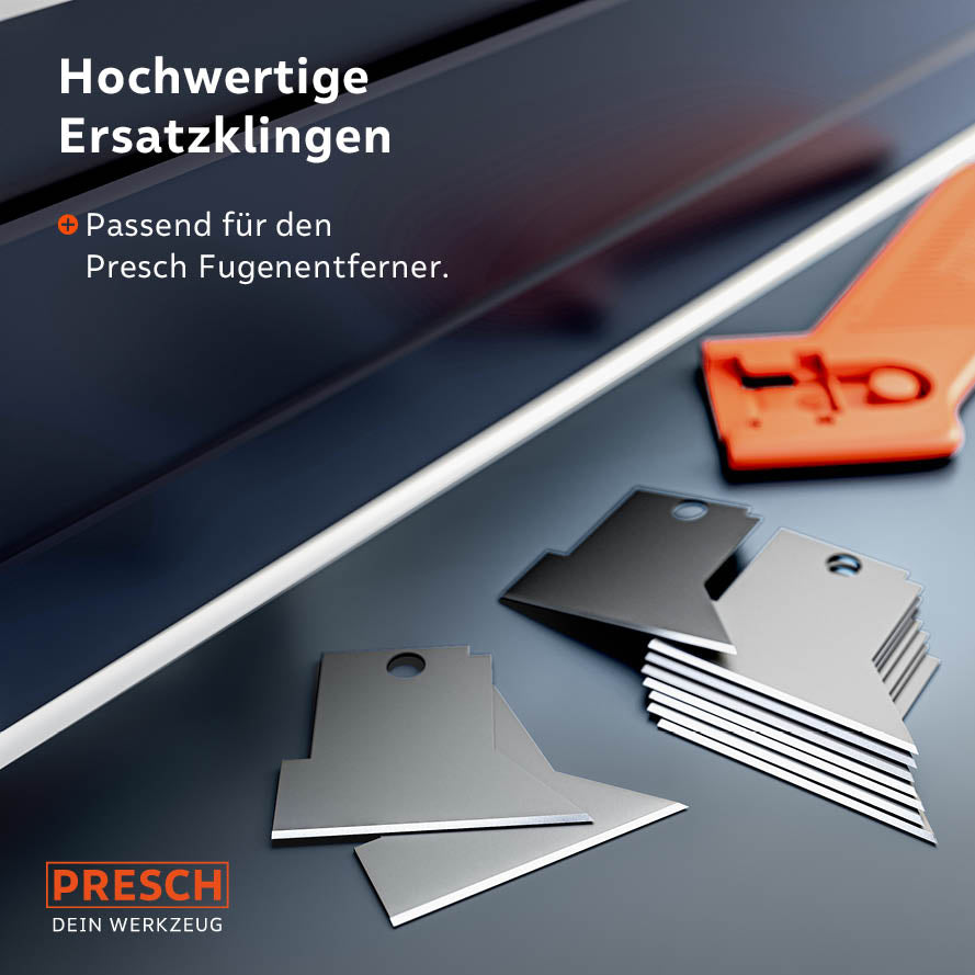 Hochwertige Ersatzklingen aus Karbonstahl, speziell passend für den orangen PRESCH Fugenentferner zum präzisen Abtragen von Silikon und Acryl.