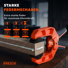Spanklemmen drukt met een krachtige veermechaniek twee gelijste houten delen samen met een kracht van 12 kg of 15 kg.